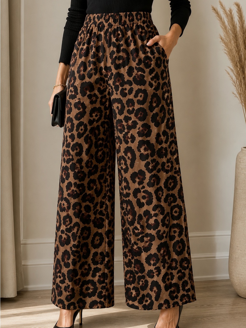 SHEIN Women’s Leopard Print Wide Leg Pants Size L 8/10 Elastic Waist Brown